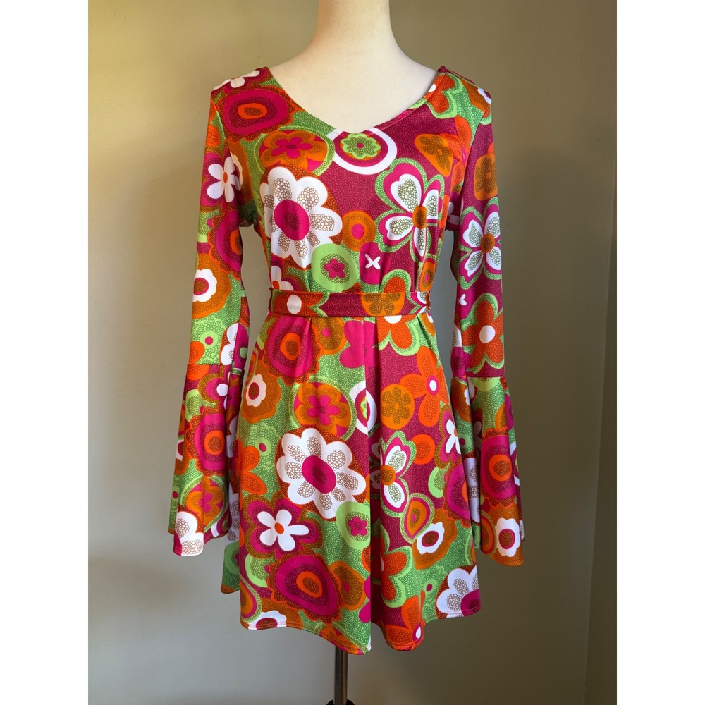 Charades Groovin Dress Pink Orange Floral Bell hippie Retro 60s 70s Costume M - Picture 3 of 7